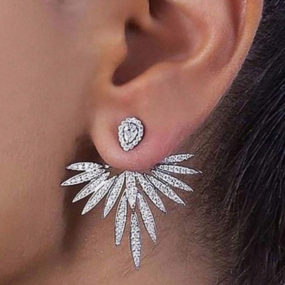 Any 4/$25! Silver Crystal Teardrop Studs with Winged Jackets Earrings - Picture 2 of 7
